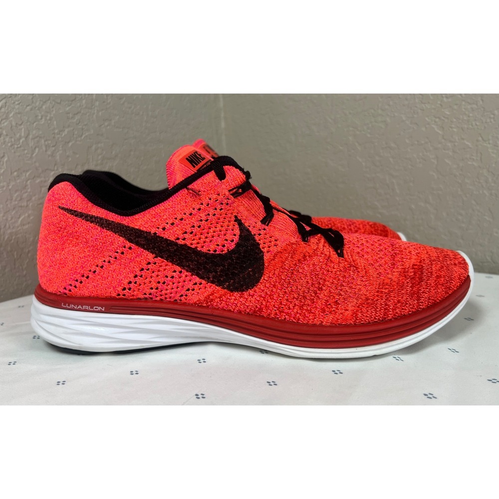 Nike Flyknit Lunar 3 Mens Bright Crimson Black Running Shoes 698181-602 Size 12